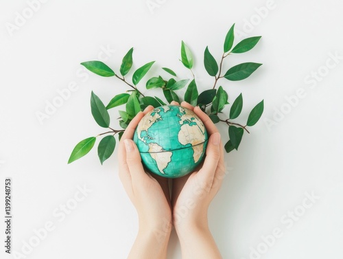 Hands holding a globe surrounded by greenery