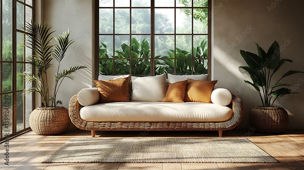 Serene Interior Design: Comfortable Sofa with Natural Elements and Sunlight Streaming Through the Window Creates a Relaxing Atmosphere.