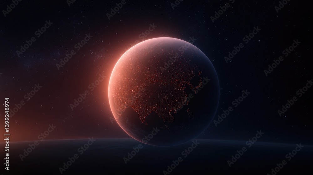 A glowing Earth, focused on Asia, set against a dark space backdrop. City lights outlined A glowing Earth, focused on Asia, set against a dark space backdrop. City lights outlined