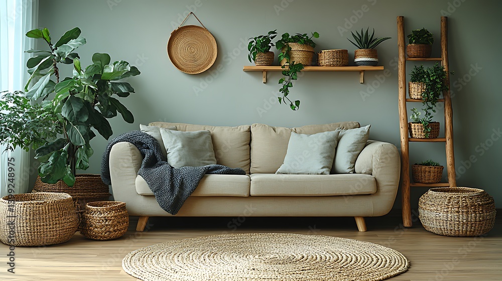 Serene Interior: Cozy Sofa with Decorative Plants, Baskets, Rug, and Wooden Ladder Accent Wall Home Decor.
