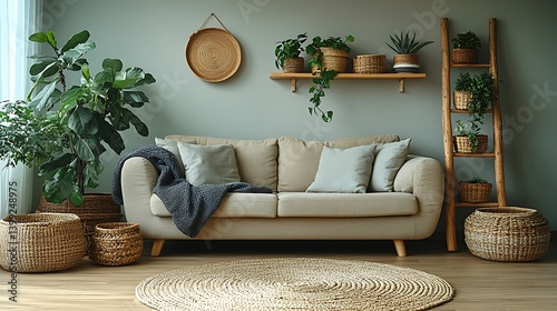 Obraz na płótnie Serene Interior: Cozy Sofa with Decorative Plants, Baskets, Rug, and Wooden Ladder Accent Wall Home Decor. w salonie