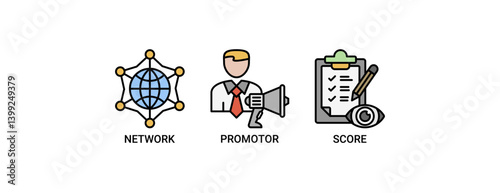 Net promotor score icon set. Containing icon of shopping, customer, rating, like, premium, and store icons. Outline color vector symbol background.