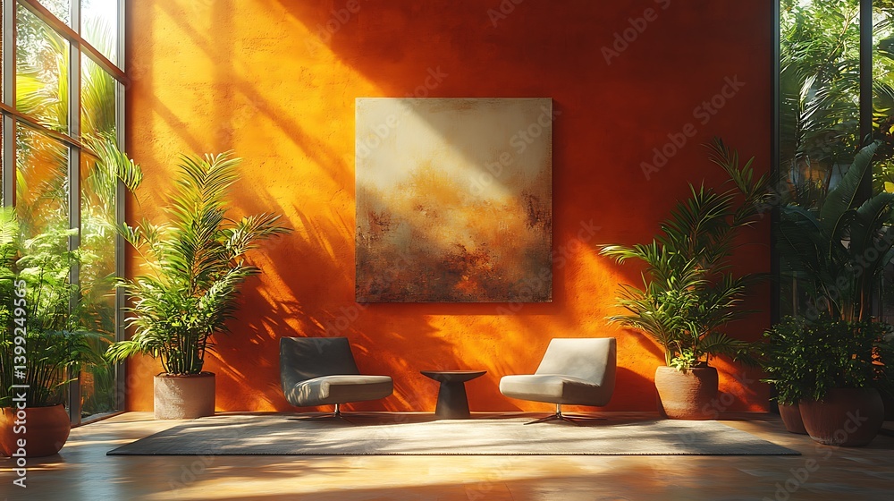 Serene Interior Design Featuring Tropical Plants, Two Chairs, Modern Artwork, Orange Textured Wall, and Natural Light From Large Windows.