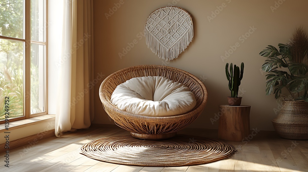 Serene Interior Design: Wicker Chair with Cushion, Macrame Wall Hanging, Natural Light, and Plants Create a Peaceful Atmosphere.