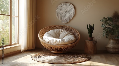 Serene Interior Design: Wicker Chair with Cushion, Macrame Wall Hanging, Natural Light, and Plants Create a Peaceful Atmosphere.