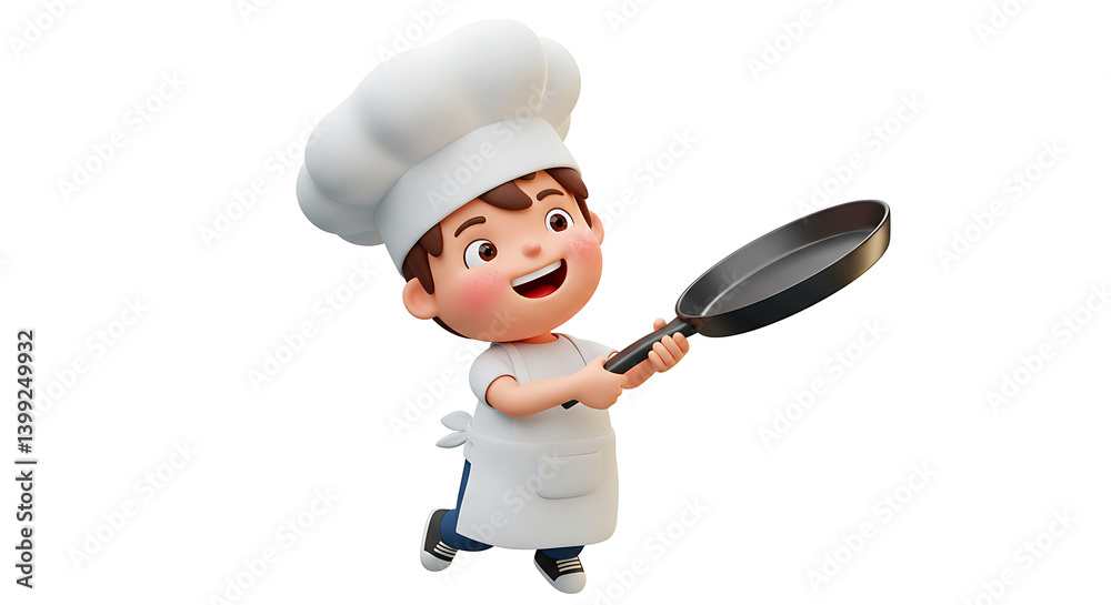 Cartoon chef with frying pan against white background, digital render, illustration style, happy expression, cooking concept, playful theme. Cartoon chef with frying pan against white background, digital render, illustration style, happy expression, cooking concept, playful theme.