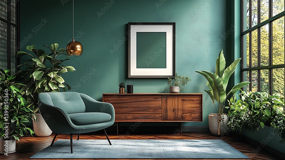Serene Interior Design with Teal Walls, Natural Light, Green Plants, Wooden Furniture, and a Modern Armchair Creating a Tranquil Home Space.