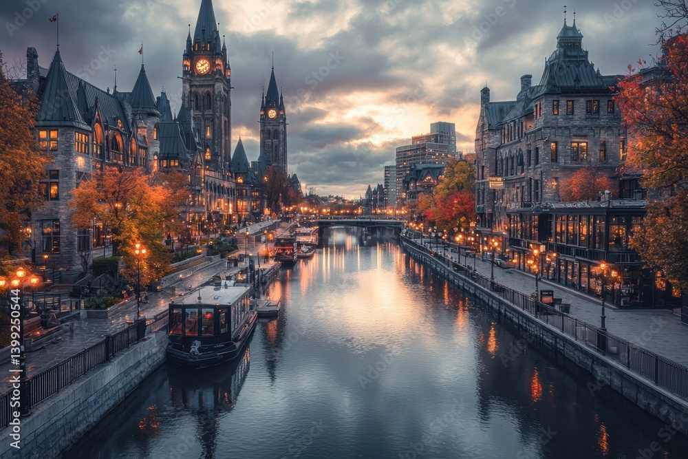 Obraz premium A serene cityscape at dusk, featuring historical buildings and a calm river, surrounded by autumn foliage and a dramatic sky.