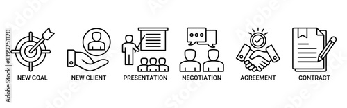 Business contract icon set. Containing icon of new goal, new client, presentation, negotiation, agreement, and contract icons. Outline vector symbol background.