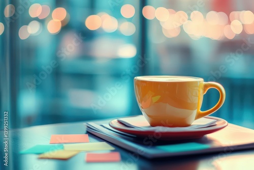 A warm yellow coffee cup sits on a table, bathed in soft light. photo