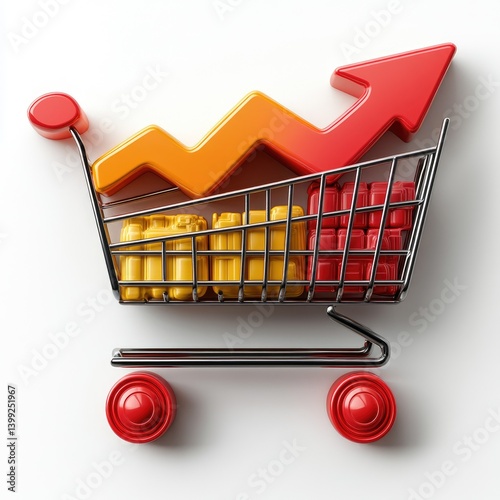 Shopping cart with rising graph, signifying growth in sales