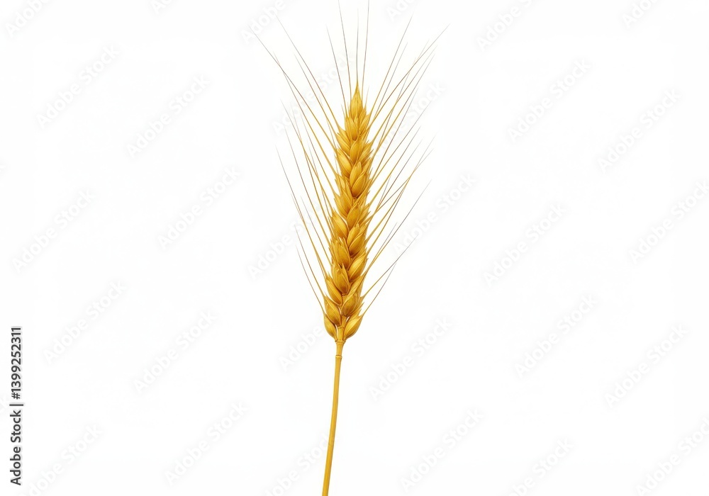 A single golden wheat stalk isolated on a plain white background in a vertical composition view A single golden wheat stalk isolated on a plain white background in a vertical composition view
