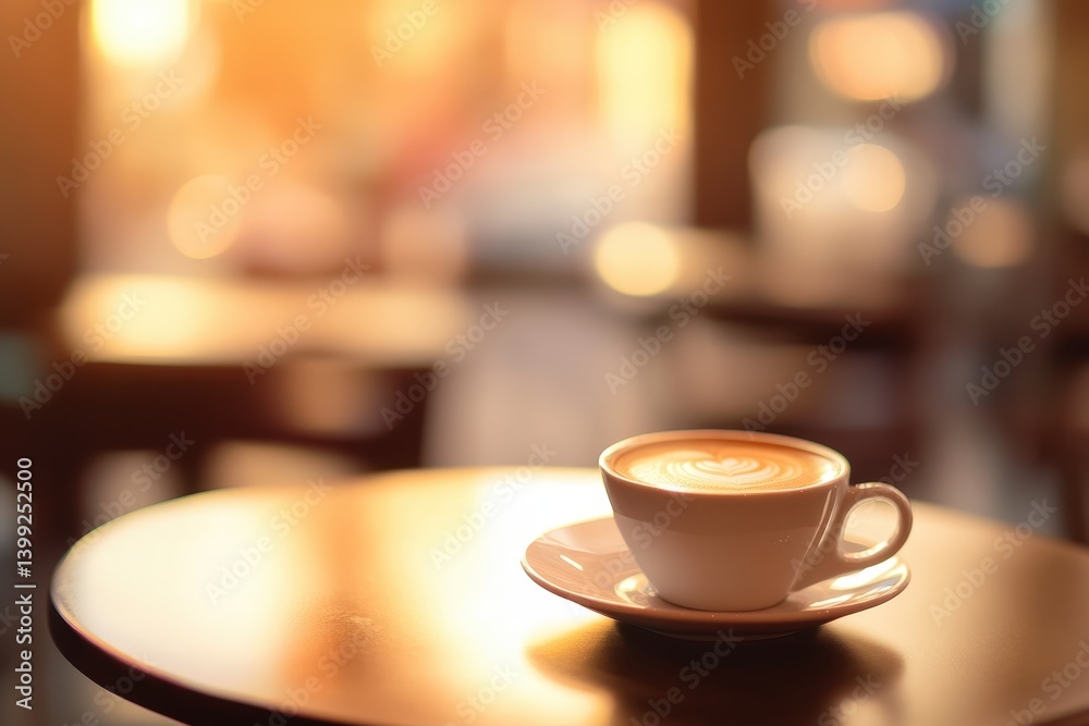 Fototapeta premium A warm latte art cup sits on a table in a cafe at sunset.