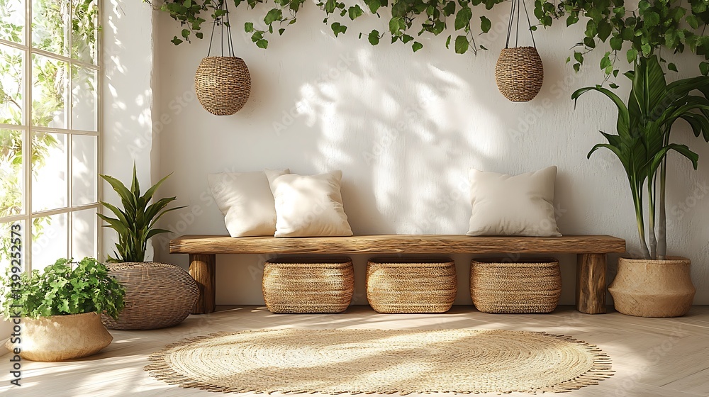 Serene interior space featuring natural light, wooden bench, woven baskets, leafy plants, and neutral tones, creating a calming and inviting atmosphere.