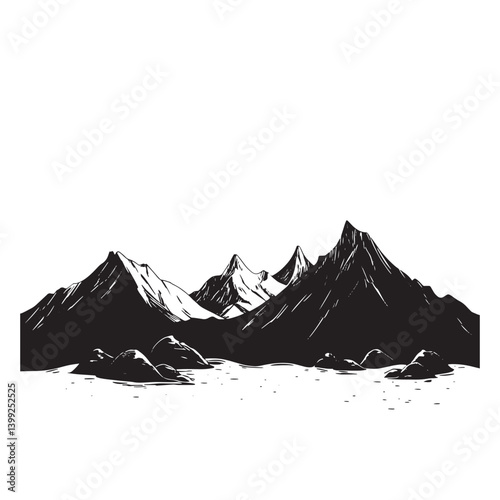 Vector illustration of a mountain landscape with snow-capped peaks under a cloudy sky, evoking a sense of winter travel scenery