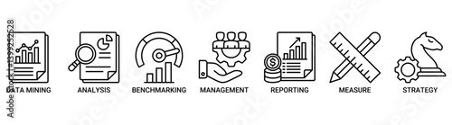 Business intelligence icon set. Containing icon of data mining, analysis, benchmarking, management, reporting, measure, and strategy icons. Outline color vector symbol background.
