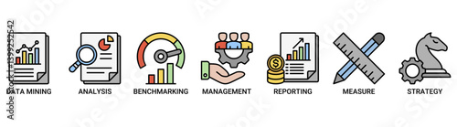 Business intelligence icon set. Containing icon of data mining, analysis, benchmarking, management, reporting, measure, and strategy icons. Outline vector symbol background.