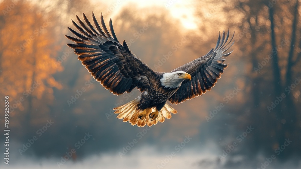 Fototapeta premium Majestic Bald Eagle in Flight: A Breathtaking Autumn Scene