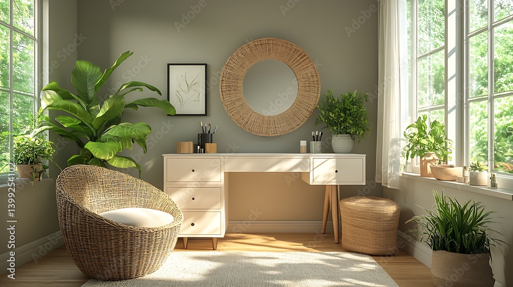 Serene interior with a vanity desk, round mirror, wicker chair, and abundant plants providing a calming and natural ambiance.