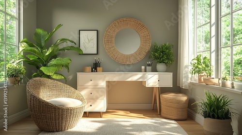 Obraz na płótnie Serene interior with a vanity desk, round mirror, wicker chair, and abundant plants providing a calming and natural ambiance. w salonie