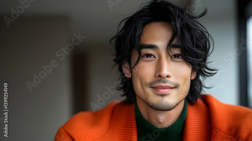 Portrait of a Happy Asian Man in His Thirties Wearing an Orange Sweater photo