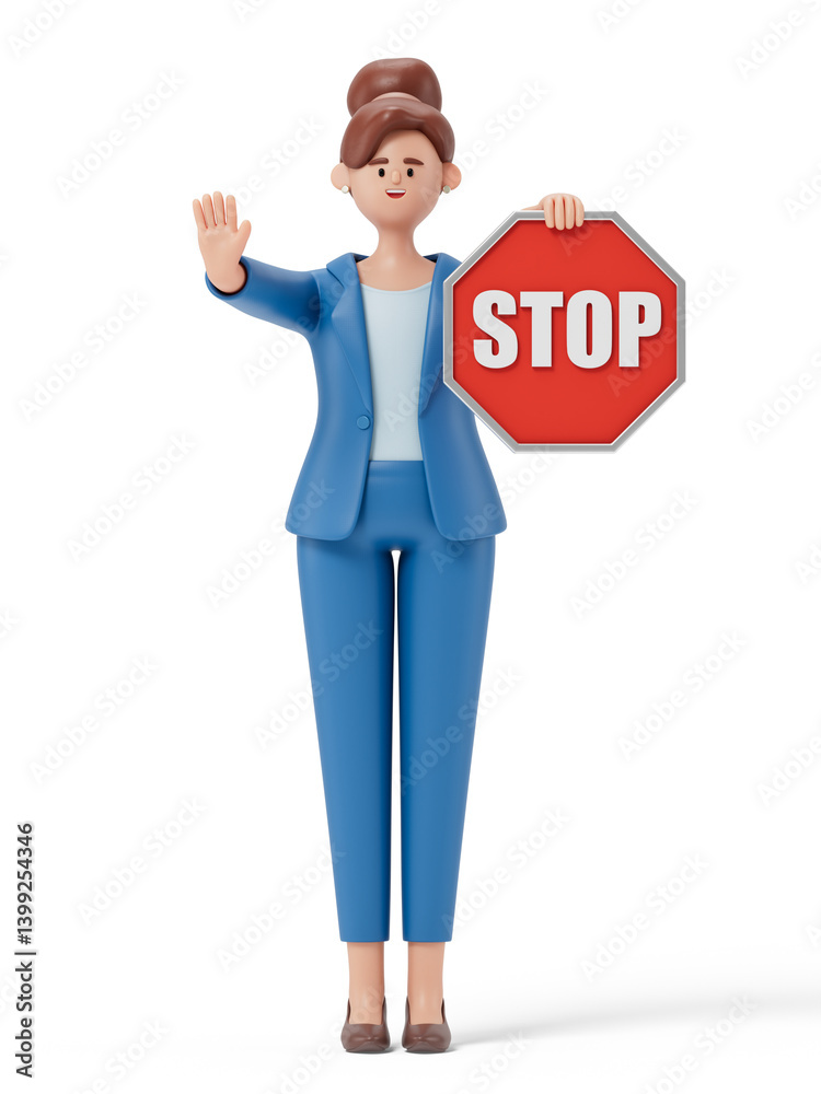 woman holding a stop sign, symbolizing halting or pausing actions. 3D rendering, conceptual image. Isolated on white background. woman holding a stop sign, symbolizing halting or pausing actions. 3D rendering, conceptual image. Isolated on white background.