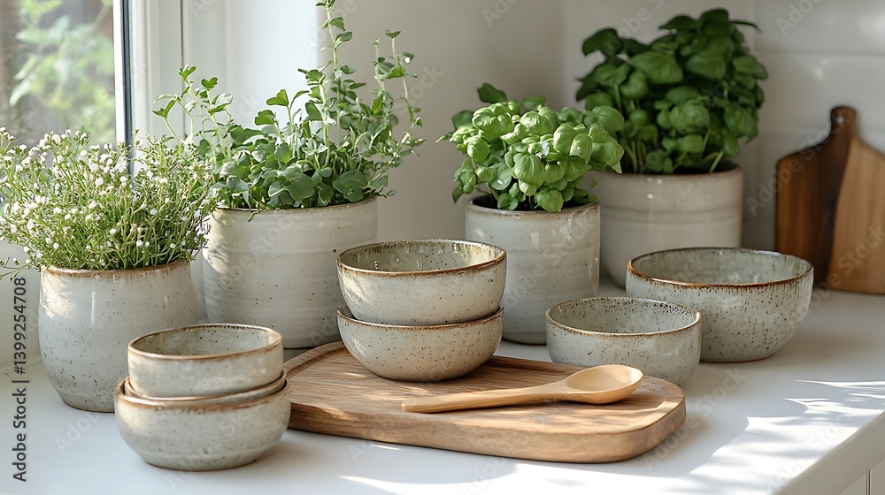 Serene Kitchen Still Life: Potted Herbs, Rustic Bowls, and Wooden Spoon on a Bright, Minimalist Countertop.