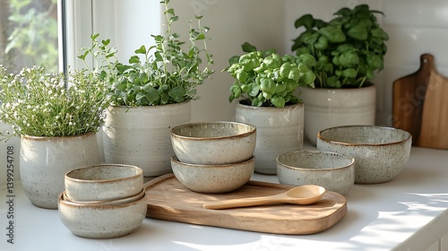 Obraz na płótnie Serene Kitchen Still Life: Potted Herbs, Rustic Bowls, and Wooden Spoon on a Bright, Minimalist Countertop. w salonie