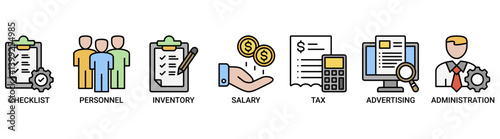 Cost reduction icon set. Containing icon of checklist, personnel, inventory, salary, tax, advertising and administration icons. Outline color vector symbol background.