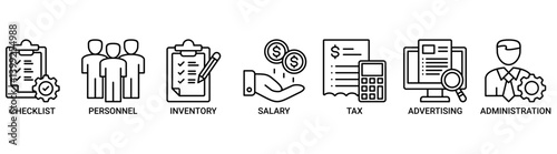 Cost reduction icon set. Containing icon of checklist, personnel, inventory, salary, tax, advertising and administration icons. Outline vector symbol background.