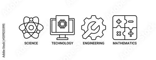 STEM icon set. Containing icon of science, technology, engineering, mathematics icons. Outline color vector symbol background.
