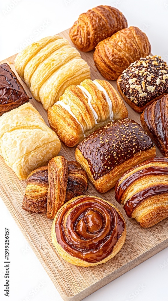 Fototapeta premium A delicious assortment of freshly baked pastries arranged on a wooden board, showcasing various textures and flavors.