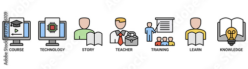 Online education icon set. Containing icon of course, technology, study, teacher, training, learn and knowledge icons. Outline color vector symbol background.