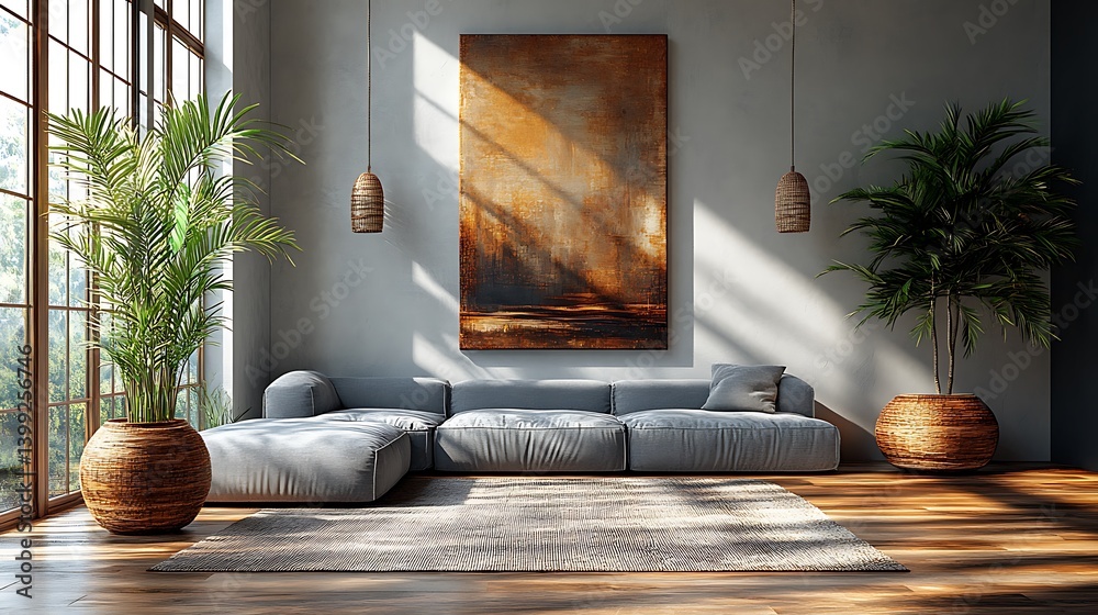 Serene living area featuring a comfortable sofa, abstract artwork, and lush indoor plants bathed in warm, natural sunlight.