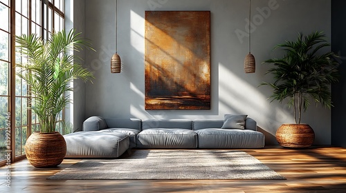 Obraz na płótnie Serene living area featuring a comfortable sofa, abstract artwork, and lush indoor plants bathed in warm, natural sunlight. w salonie