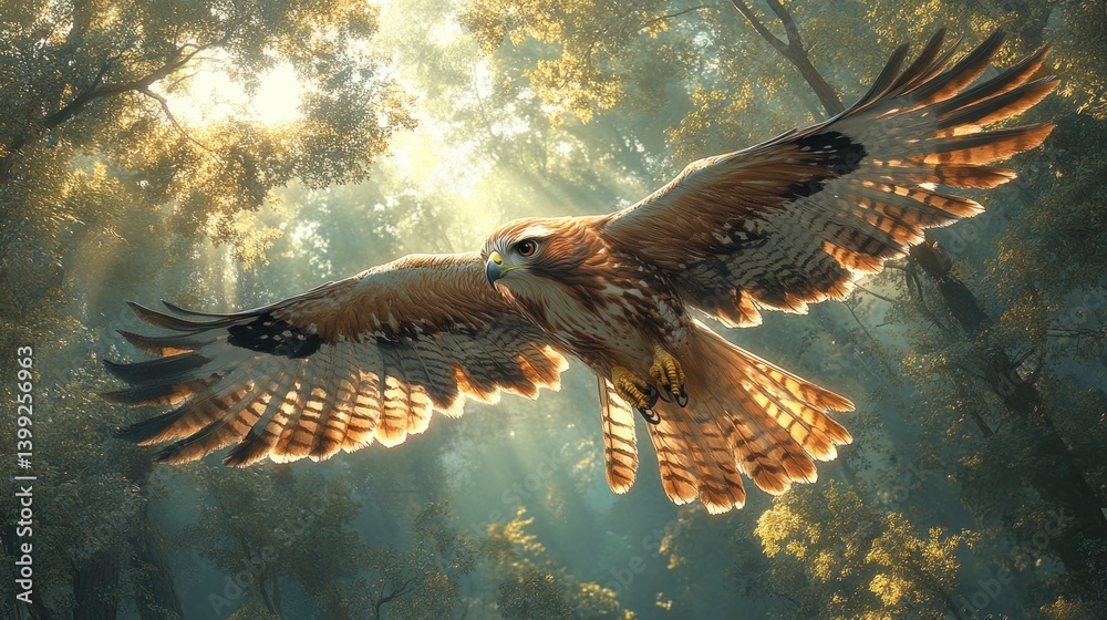 Fototapeta premium Majestic Hawk Soaring Through Sunlit Forest