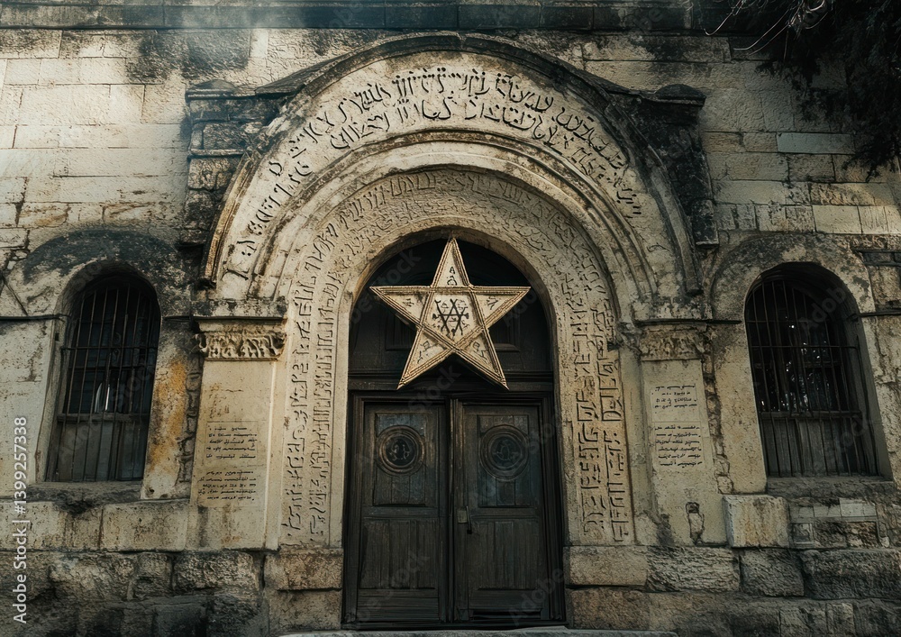 Fototapeta premium Ancient facade architecture with a star symbol above the weathered doorway