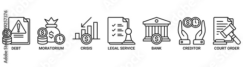 Bankruptcy icon set. Containing icon of crisis, debt, creditor, legal service, moratorium, court order, and bank icons. Outline vector symbol background.