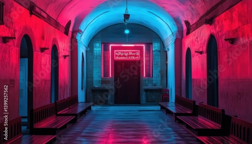 Illuminated passage: A blend of architectural grandeur and neon luminescence