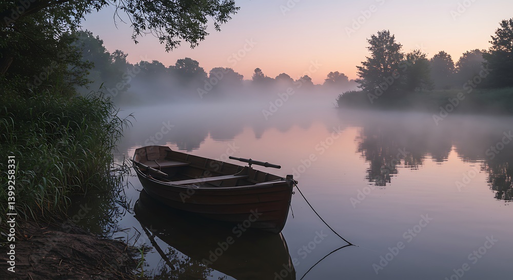 Rowboat Moored on Misty Lake at Dawn Serene Nature Scene Rowboat Moored on Misty Lake at Dawn Serene Nature Scene
