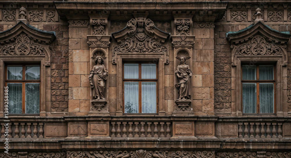 Obraz premium Ornate Historic Building Facade Stone Statues Carvings Windows