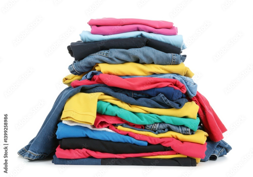 A colorful stack of folded clothes including shirts and jeans on a white background image shot A colorful stack of folded clothes including shirts and jeans on a white background image shot