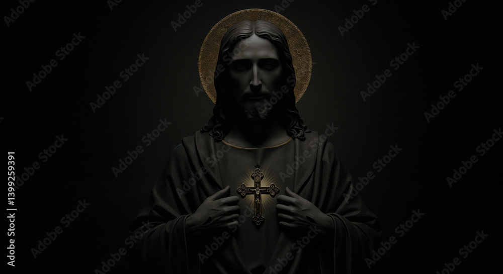 Dark Jesus Christ Statue Gold Halo Cross Black Background Dark Jesus Christ Statue Gold Halo Cross Black Background