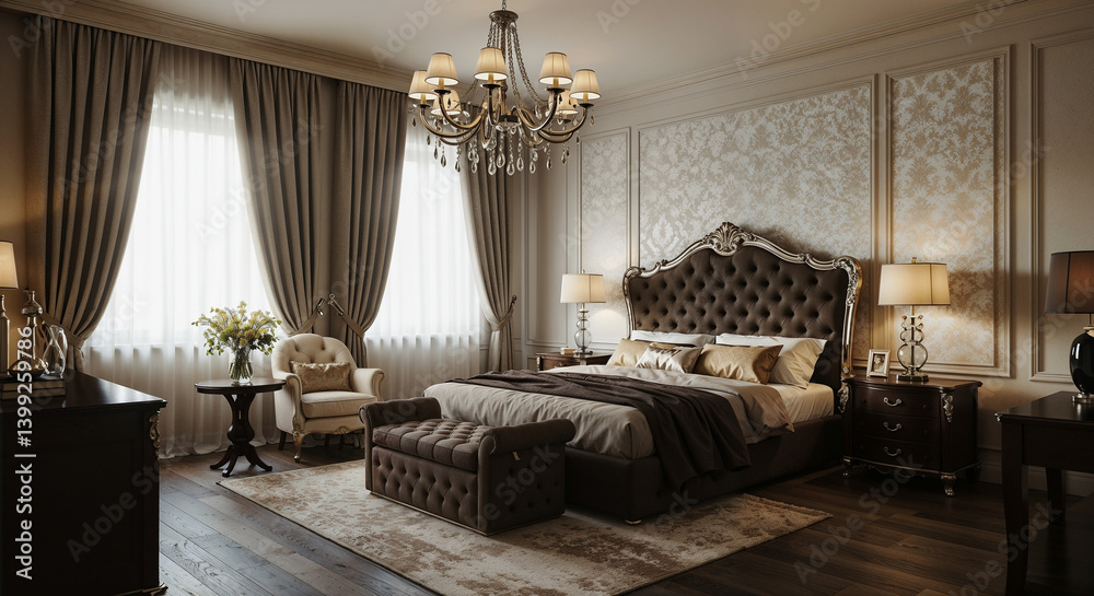Fototapeta premium Opulent Bedroom Classic Style Luxury Furniture Chandelier