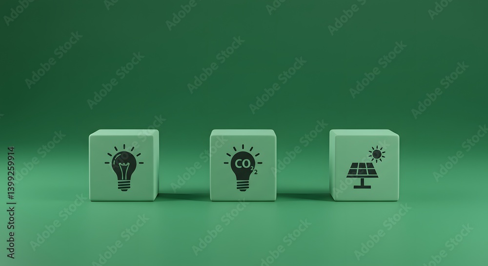 waste reduction, Business innovations that reduce carbon footprint and environmental impact. Meet eco-friendly goals. carbon-neutral production, Sustainable energy, Green background, three small cubes