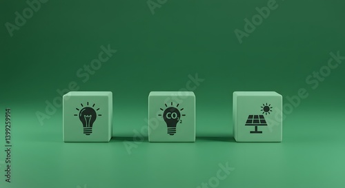 Obraz na płótnie waste reduction, Business innovations that reduce carbon footprint and environmental impact. Meet eco-friendly goals. carbon-neutral production, Sustainable energy, Green background, three small cubes w salonie