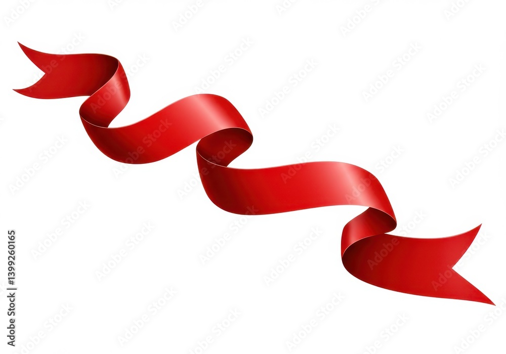 A flowing red ribbon with a glossy texture isolated on a white background with curved edges and pointed ends A flowing red ribbon with a glossy texture isolated on a white background with curved edges and pointed ends