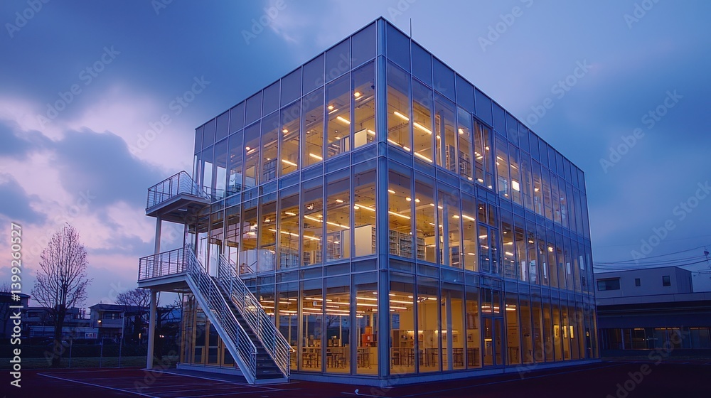 Obraz premium Modern Glass Building At Dusk Evening Light