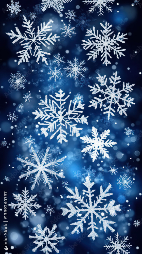 A blue background with snowflakes falling on it. The snowflakes are all different sizes and shapes A blue background with snowflakes falling on it. The snowflakes are all different sizes and shapes