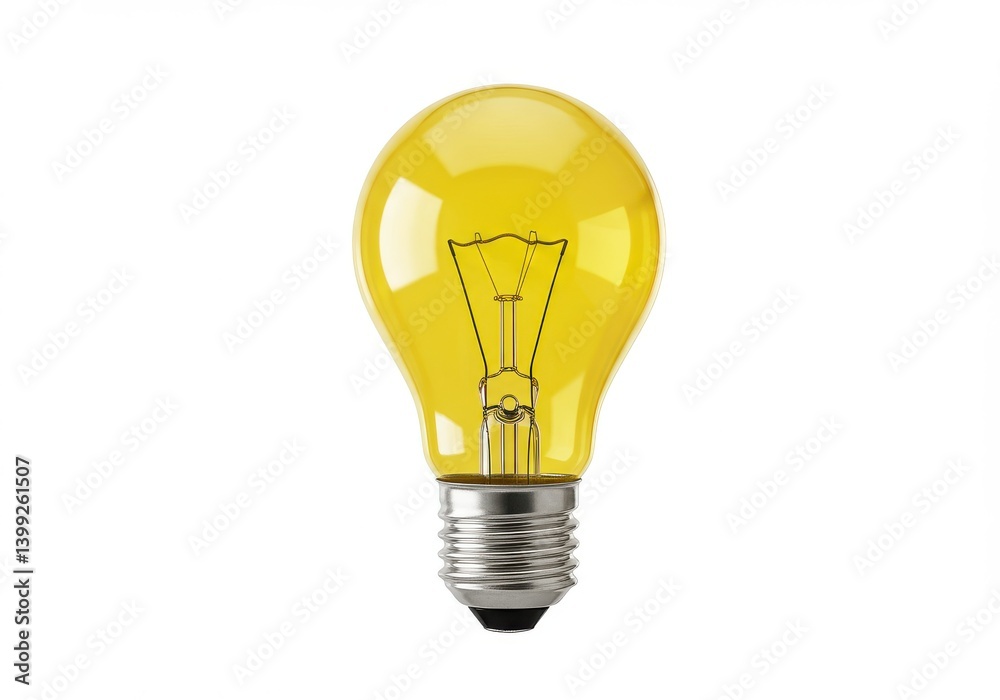 A single yellow light bulb with a silver base isolated on a plain white background in close up view A single yellow light bulb with a silver base isolated on a plain white background in close up view